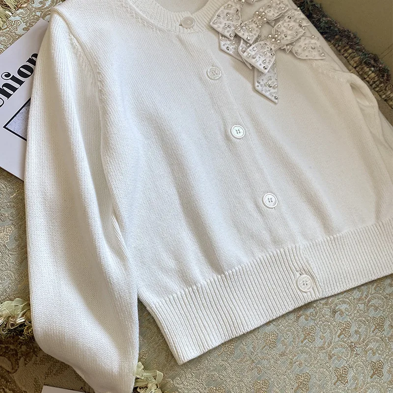 2025 خريف جديد رقيقة مطرزة مطرز القوس سترة متماسكة موضة الجولة الرقبة طويلة الأكمام معطف قصير #4