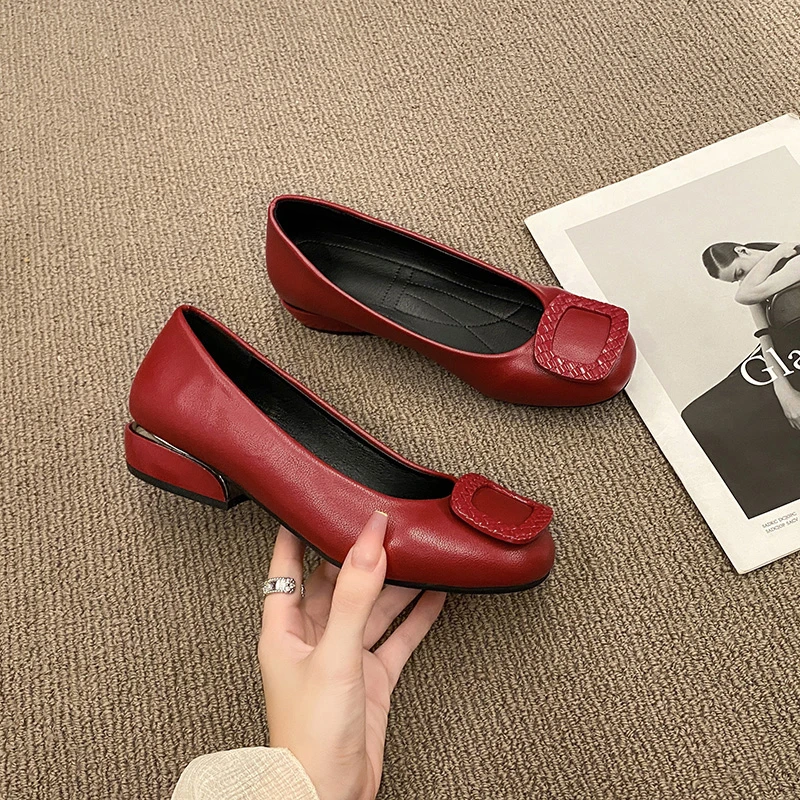 2023 Women Fashion Red Pu Leather Short Square Heel Pumps Lady Casual High Quality Sky Blue Comfort Office Shoes Solid Loafers