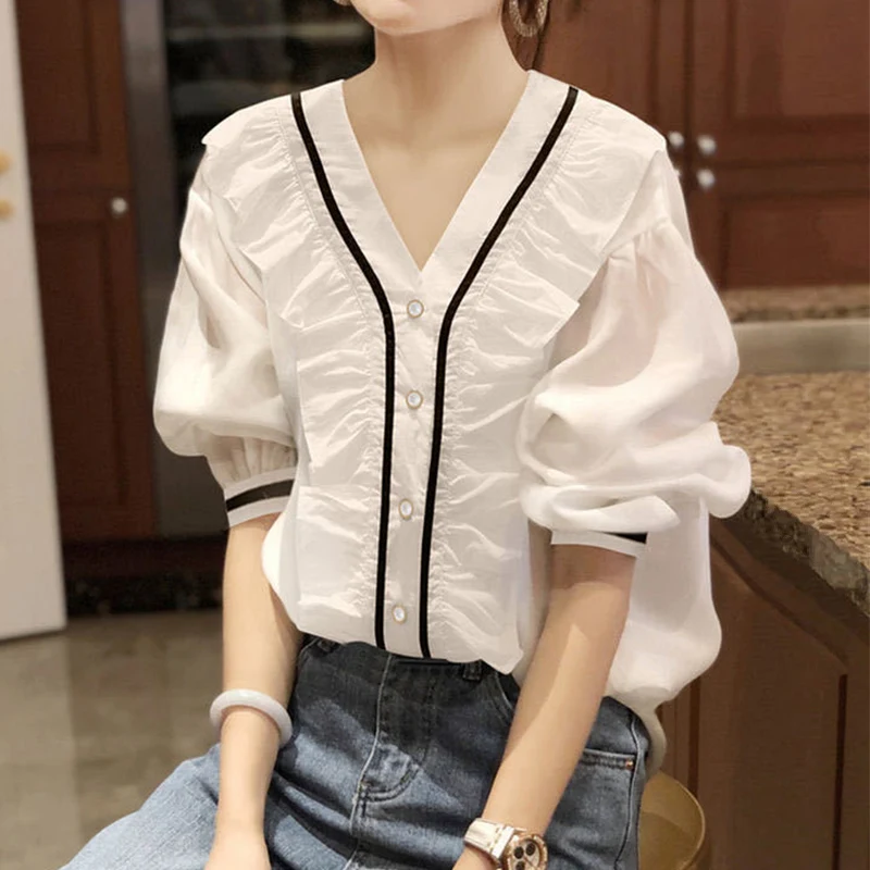 Spring Summer New Korean Style Sweet Diagonal Collar Ruffles Lace Patchwork Elegant Fashion Blouse Top Women Loose Casual Shirts