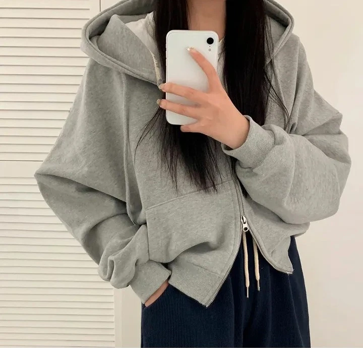 

Autumn Lazy Style Casual Hooded Personality Double Zipper Fleece Thick Hoodie Jacket for Women