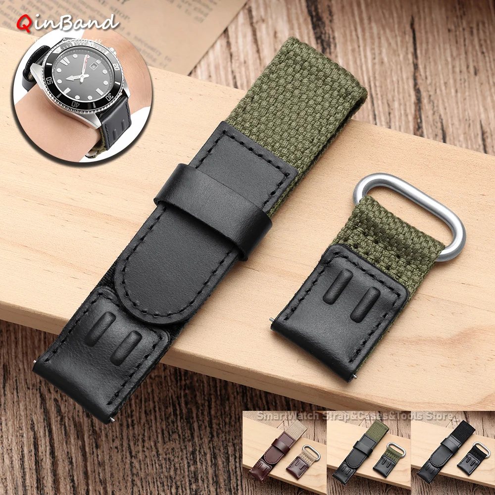Ribbed Nylon Watch Band 19mm 20mm 22mm Vintage Black Green Leather Watch Strap for Omega Military Sport Quick Release Bracelet