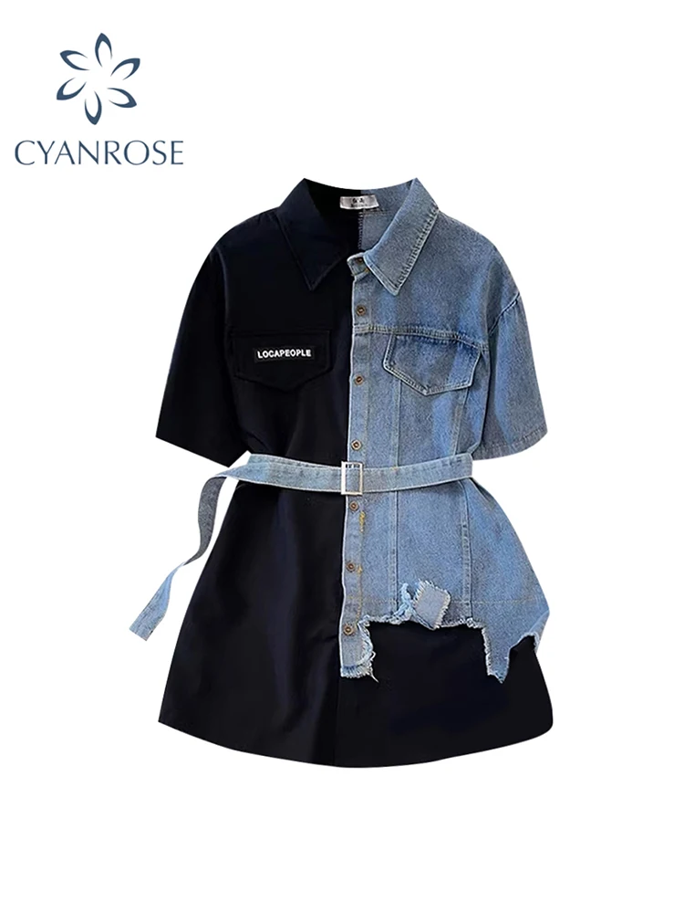 Abito camicia a trapezio patchwork in denim da donna anni \'90 Mini abiti vintage neri a maniche corte Y2k Abiti eleganti in un unico pezzo Abiti
