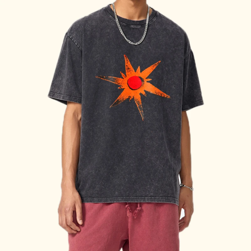 Men Vintage Washed T-Shirt Retro Abstract Sun Graphic Print Oversized Loose Short Sleeve Cotton Tee Holiday Fashion Tunics