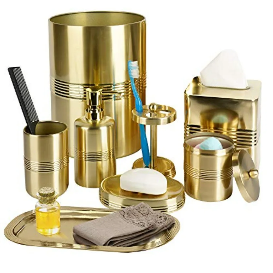 

Набор аксессуаров для ванной из нержавеющей стали с золотистым покрытием, 8 предметов, роскошный комплект для столешницы в ванной комнате - включает в себя ватные палочки и...