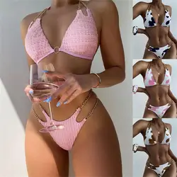 2022 New Chain Split Swimsuit Women Sexy Mirco Bikini Sets Hollow Out Swimwear Lace Up Bathing Suit Brazlian Beachwear Biquini