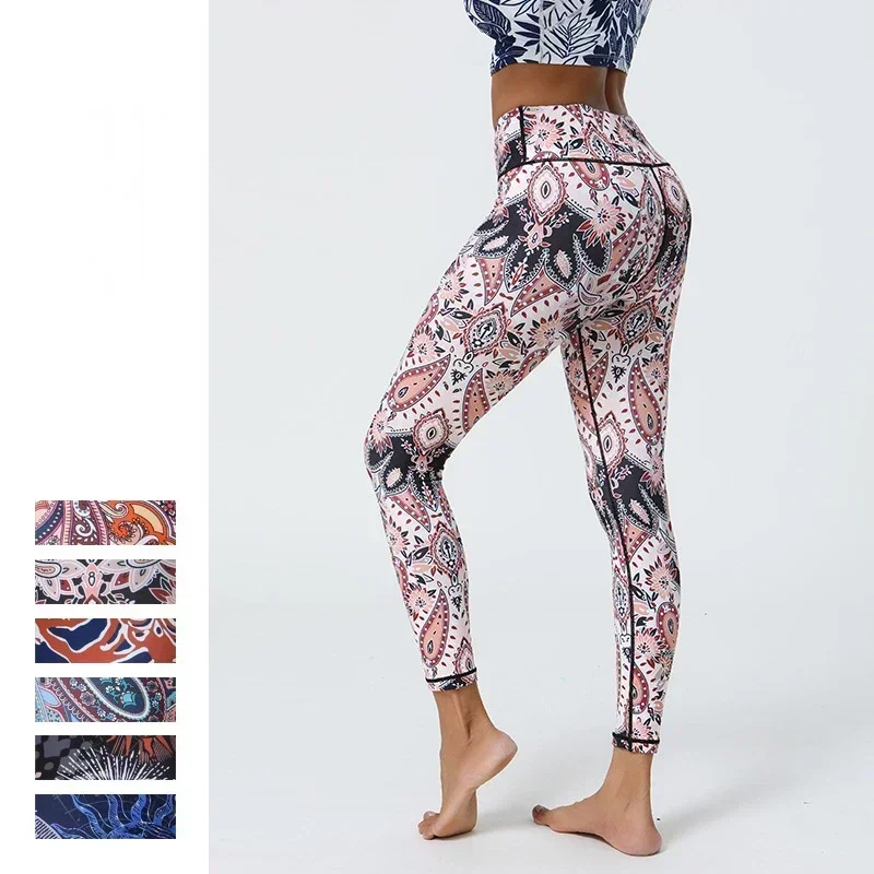 

New Thin High Stretch Flower Printed Sports Leggings for Women Outwear Bohemia Style High Waist Booty Lifting Pant 8Z