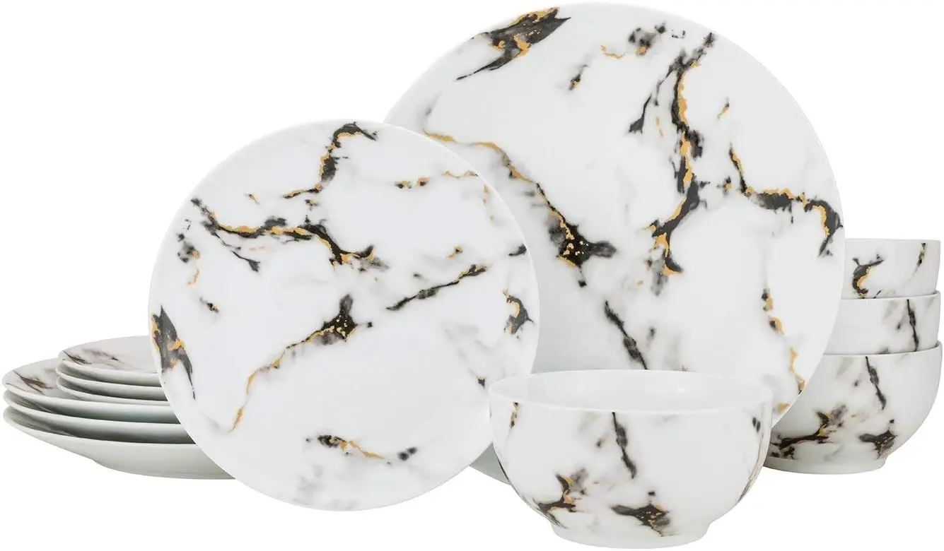 

12-pc Marble Design Dinner Set 'Quarie', Bone China Porcelain