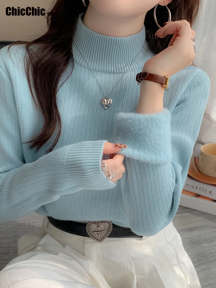 Nuevo suéter de invierno de cuello alto para mujer, Jersey elegante grueso con forro de terciopelo, Jersey de punto cálido, Tops ajustados, Jersey, Jersey de punto