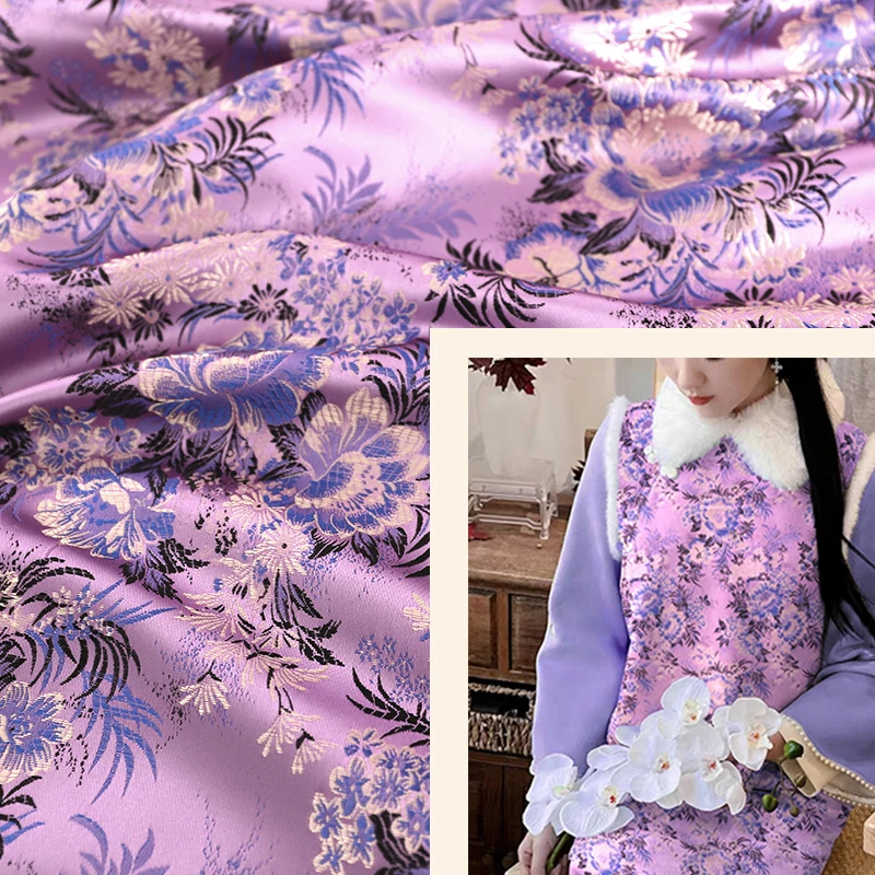 1/2/3m Brocade Floral Satin Fabric Imitation Silk Material for DIY Sewing Handmade Clothes Home Decoration Cloth
