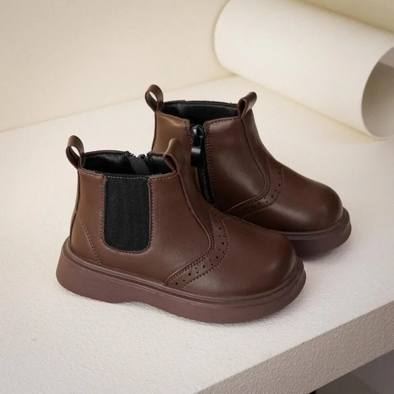 

Kids Thick Sole Chelsea Boots Leather Winter Warm Fleece Lined Unisex Boys Girls Retro Ankle Boots Non Slip Mid Cut