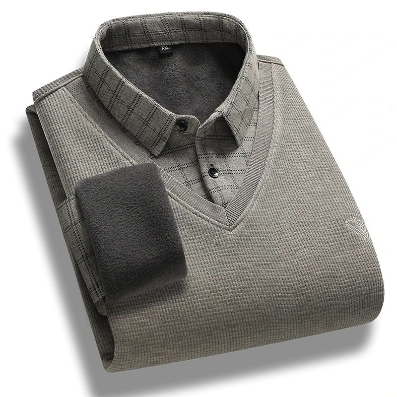 Autumn Winter Turn-down Collar Flocking Checkered Button Striped Men\'s Clothing Pullover Casual Formal T-shirt Fashion Tops