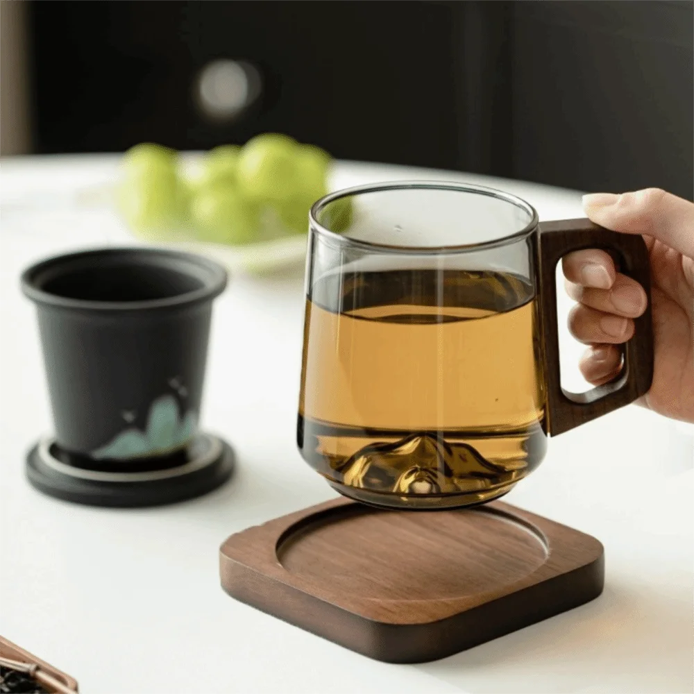 Internal Mountain Protrusion Glass Cup Wooden Handle Large Capacity Water Drinking Cup Heat-resistant Single-layer Tea Cup Gift