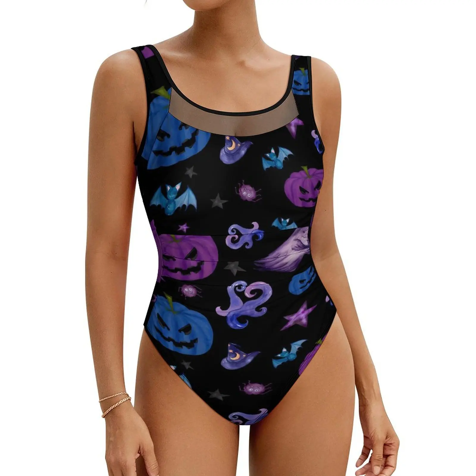 Pumpkin Print Swimsuit Sexy Spooky Halloween Women Swimwear One Piece Kawaii Swimsuits Holiday Pool Push Up Mesh Beach Wear