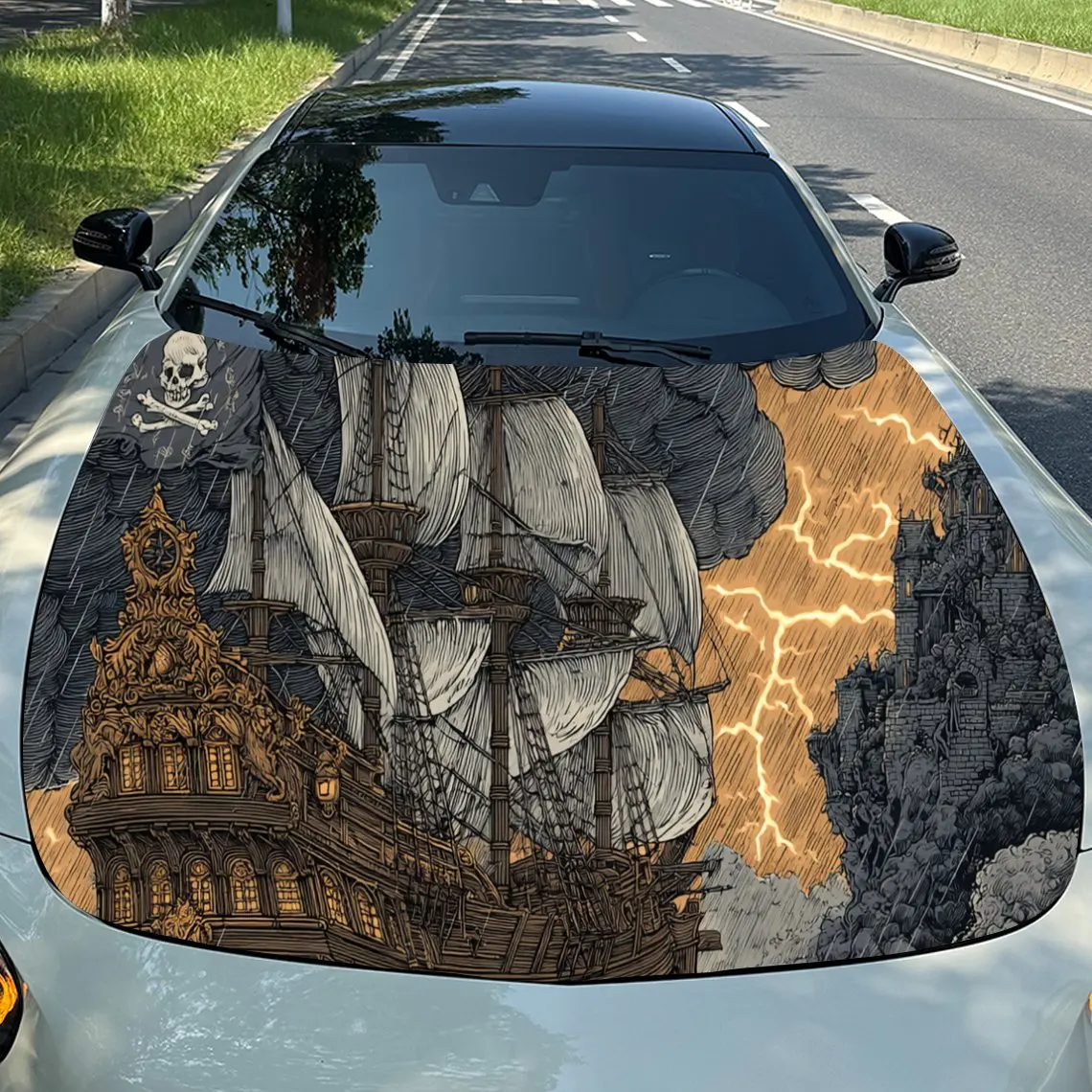 

Пиратский корабль с молнией, виниловые обертки на капот двигателя автомобиля из ПВХ, самоклеящаяся водонепроницаемая наклейка на капот автомобиля, украшение автомобиля Prot