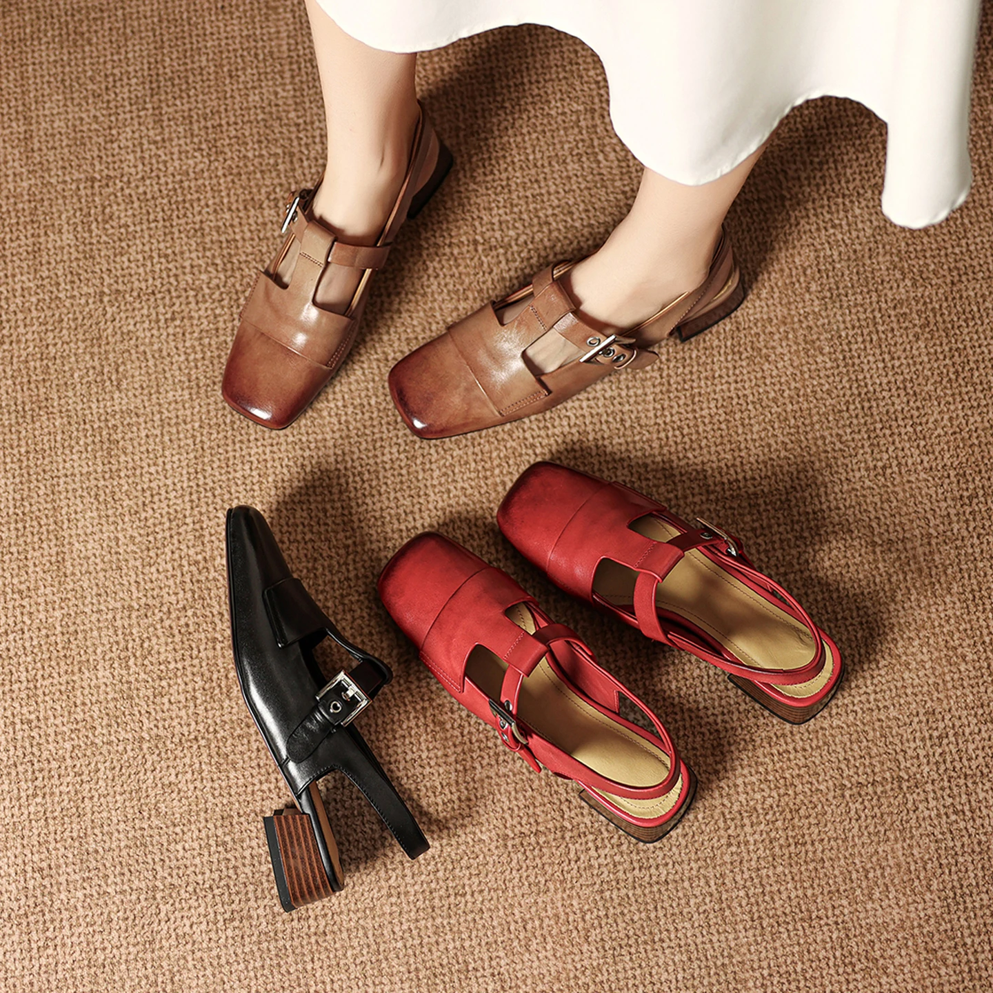 2026 new summer women sandals natural leather 22-26.5cm cowhide+sheepskin square toe t-strap ankle-buckle women shoes fashion