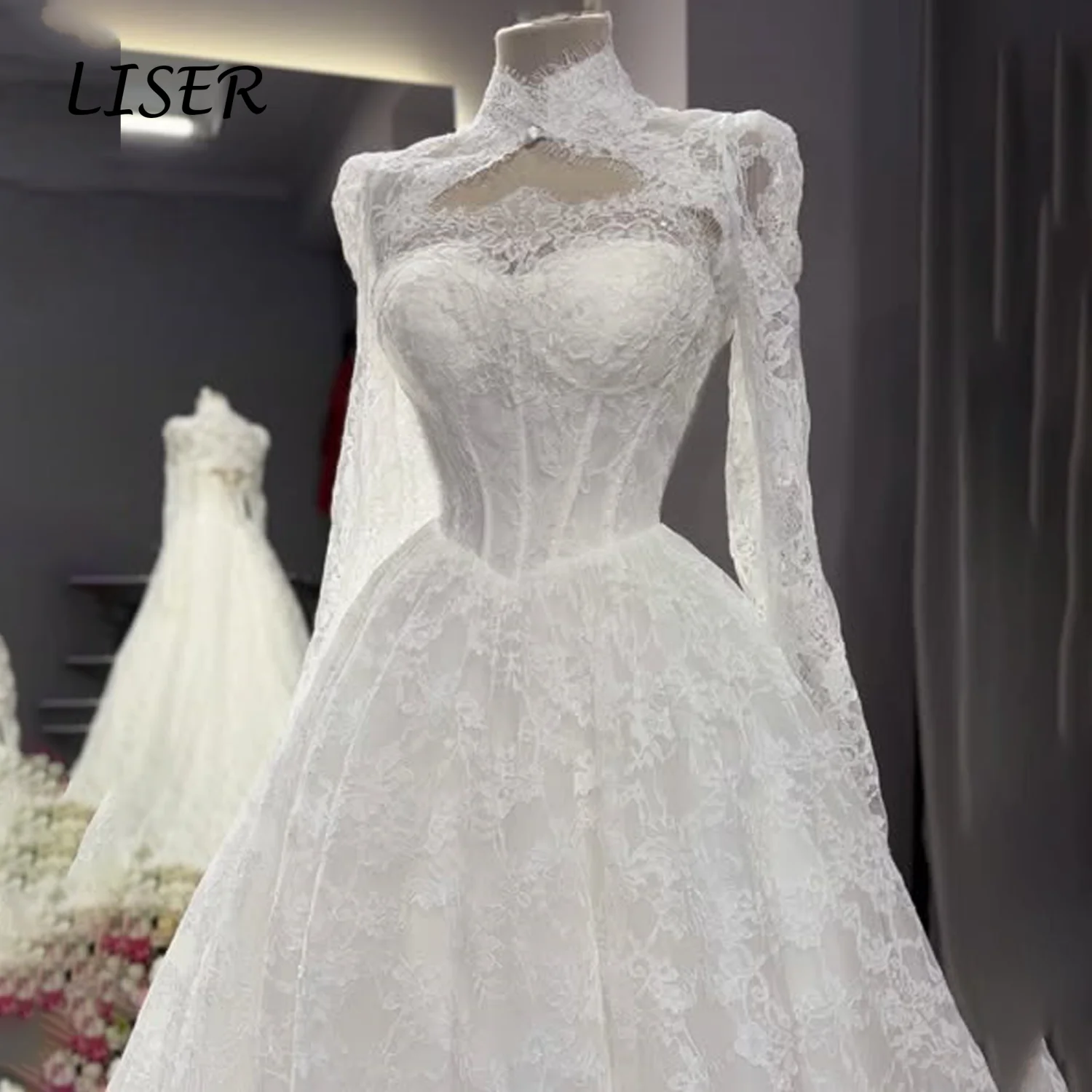 Liser Customized Ivory High Neck Long Sheer Lace Corset Ball Gown Wedding Dress Voluminous Full Lace Skirt Vintage Church 2026