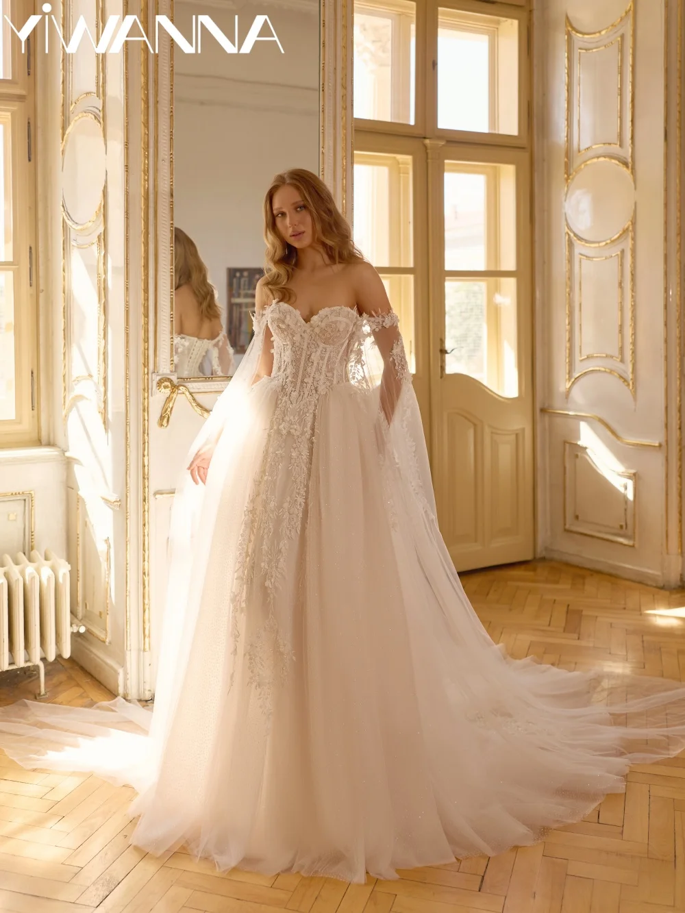 

Длинное свадебное платье А-силуэта с 3D цветочным декором и бисером, с вырезом «сердечко», сказочное, с блестящими рукавами-накидками, на заказ, для невесты