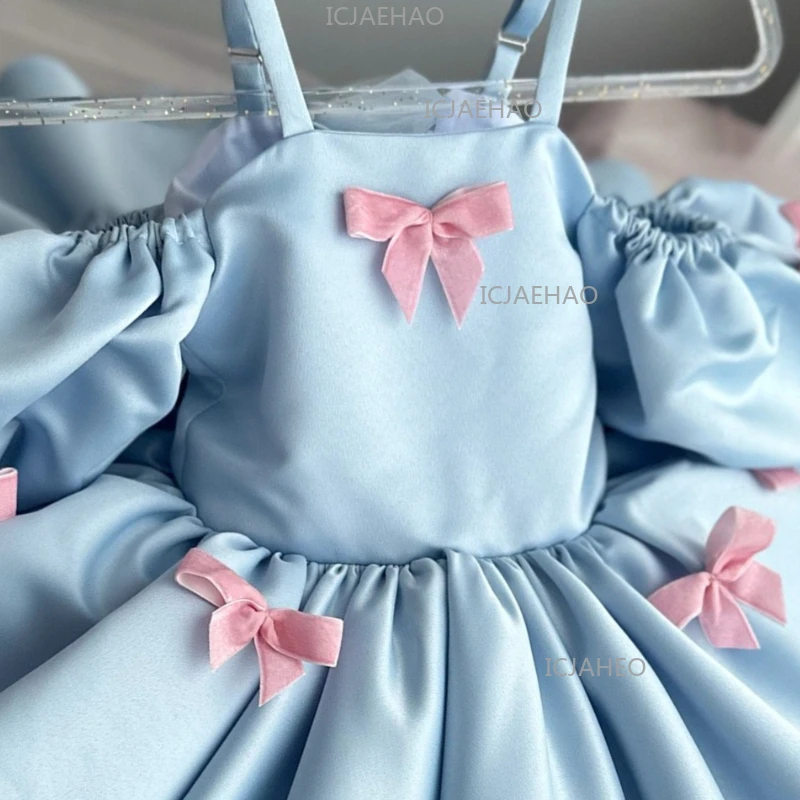 Children Puff Sleeve Princess First Birthday Formal Pageant Party Gown Costume Dresses Dress Clothes Girls Bow Blue Tutu Kids