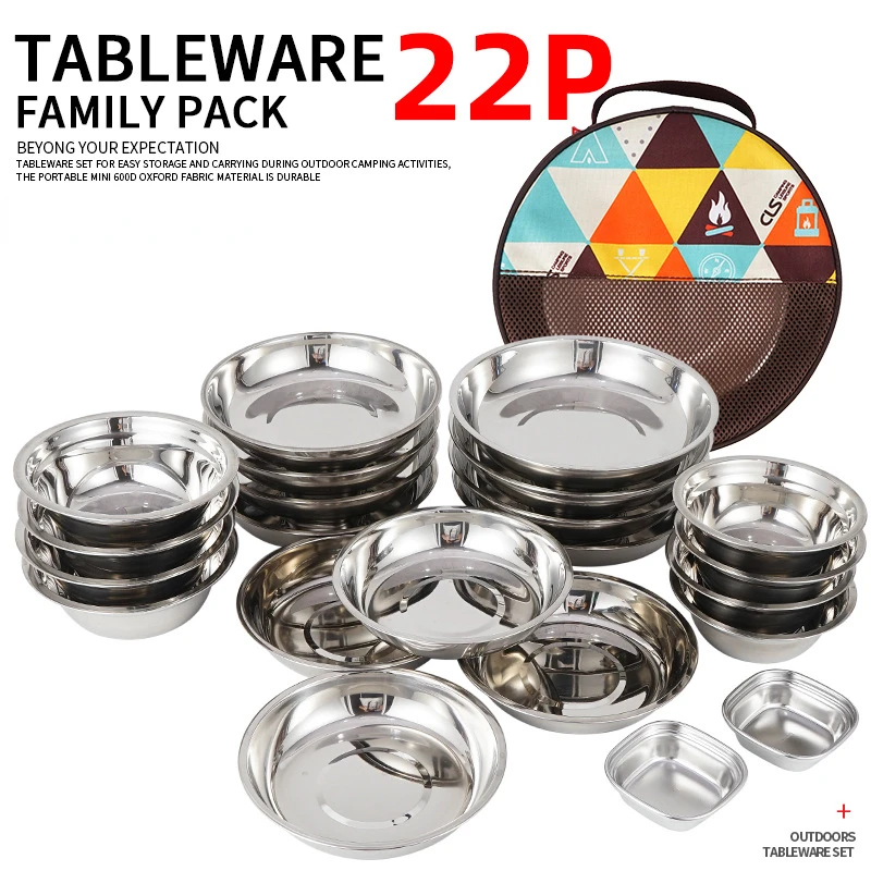 

CLS Outdoor Camping 22pcs Dining Plate Set 201 Stainless Steel Cooking Portable Tableware Home Family Soup Pot Bowl Plate Set