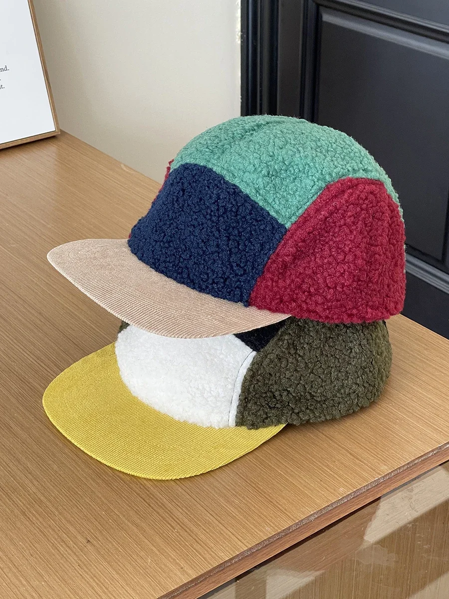 Color matching fleece flat brim cap women's autumn and winter warm five pieces of lamb wool street hip-hop baseball cap men