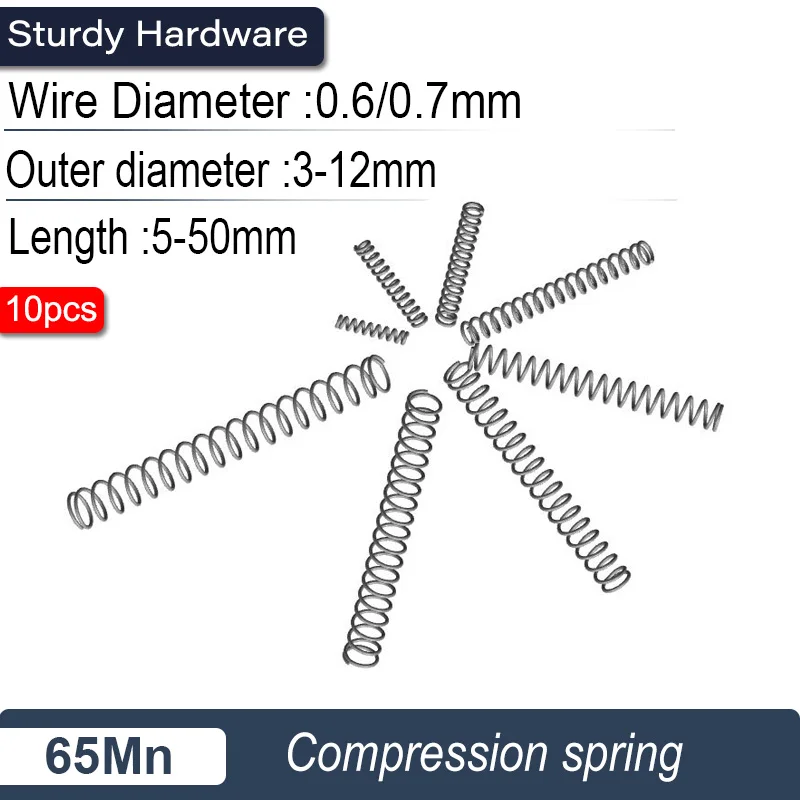 10Pcs Compression Spring, Return Spring, 65Mn Spring Steel Wire Diameter 0.6~0.7mm, Outside Diameter 3~12mm
