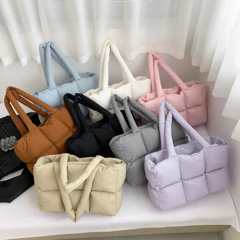 Women Puffer Shoulder Bag Solid Color Quilted Aesthetic Puffy Bags Large Capacity Soft Cloud Tote Bag Casual Tote Bag