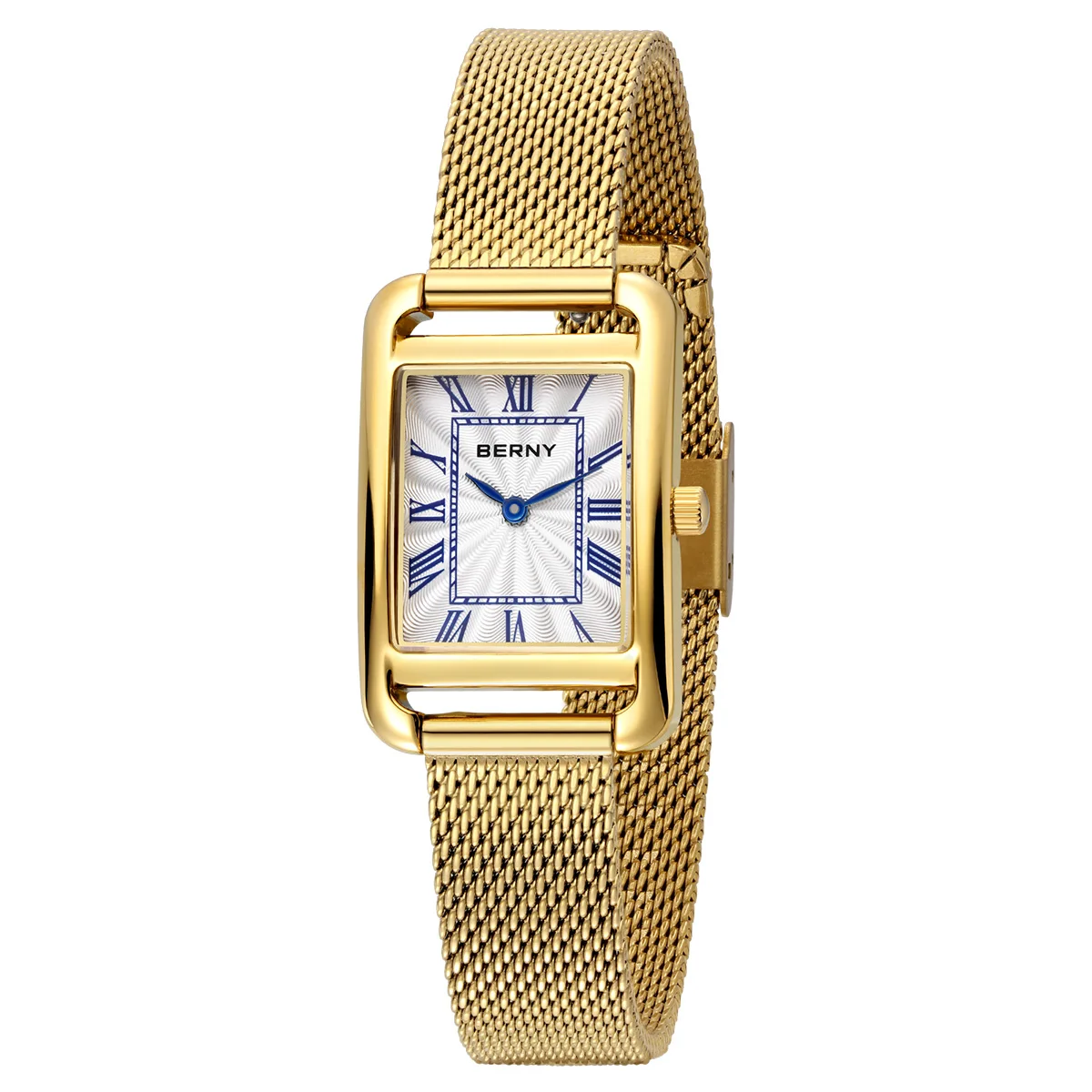 BERNY Women Quartz Rectangle Wristwatch Fashion Versatile Sapphire Ladies Watch Stainless steel Mesh Strap Women Square Watches