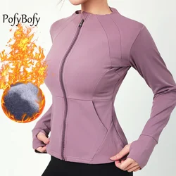 PofyBofy Fleece Side Pocket Full Zipper Thumb Hole Slim Fit Women Long Sleeve Stretchy Sport Jacket Fitness Yoga Warm Sportwear