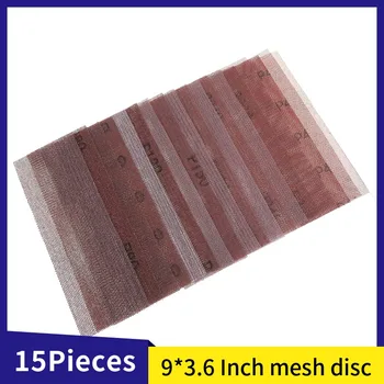 15 Stück Netz-Mesh-Schleifscheiben, 230 x 93 mm, Schleifpapier, 9 x 3,6 Zoll, Hakenschlaufe, staubfrei, Anti-Blockierung, Körnung 80–600 zum Schleifen, Polieren