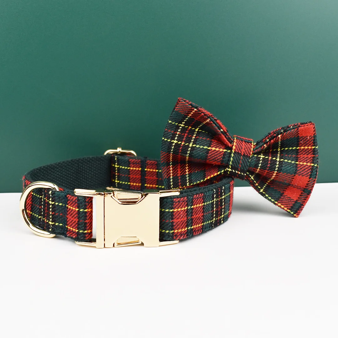 Custom Engraved Plaid Pet Collar Leash Bow Tie Set Personalized Tartan Dog Collar with Leash Bowtie Gold Buckle Christmas