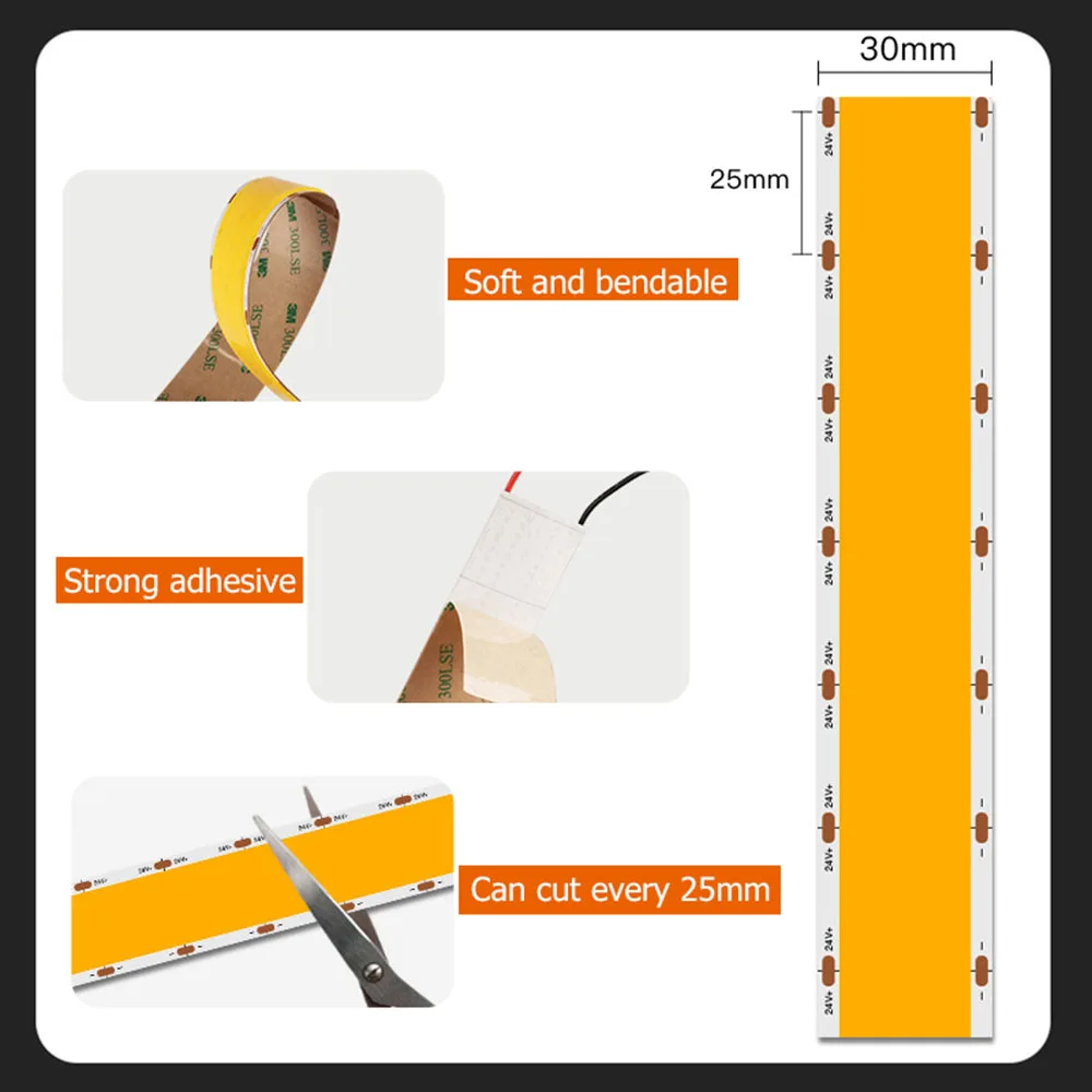 Ultra jasna taśma LED COB 24V pięć rzędów 1600 diod LED/m Elastyczne ściemnialne oświetlenie LED o wysokiej gęstości RA90 3000K 4000K 6500K 5m