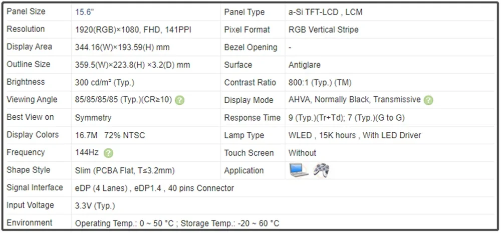 1920x1080 p,144 "FHD,72% x 15.6 p,40ピン,hz,ntscを備えた非タッチスリムパネルLCDタッチスクリーン