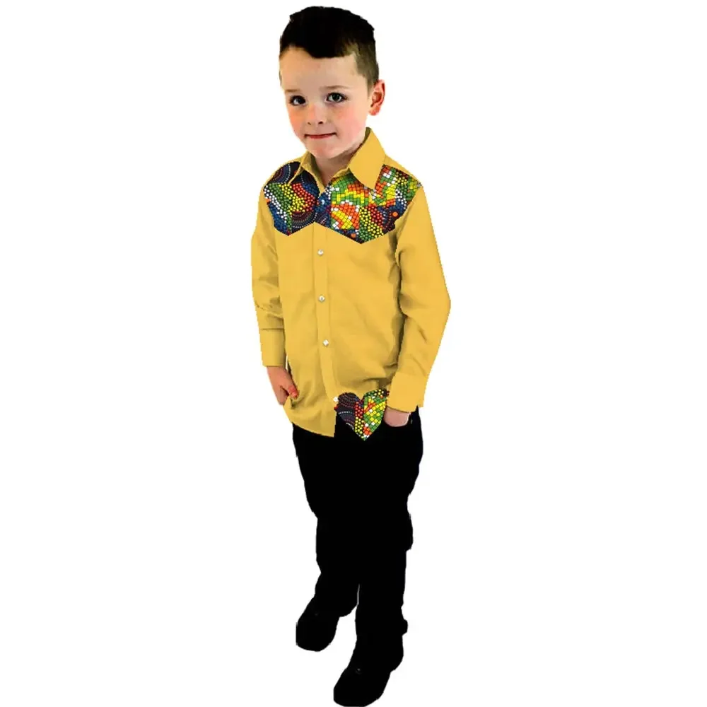 Boy's Heart Pattern Tops Bazin Riche African Wax Print Patchwork Cotton Shirt Pant Set for Boys Children Kids Clothing WYT151