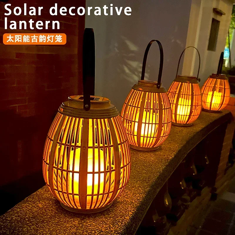 Outdoor Solar Imitation Rattan Lantern Courtyard Balcony Garden Decoration Candle Lights Creative Atmosphere Bamboo Chandelier