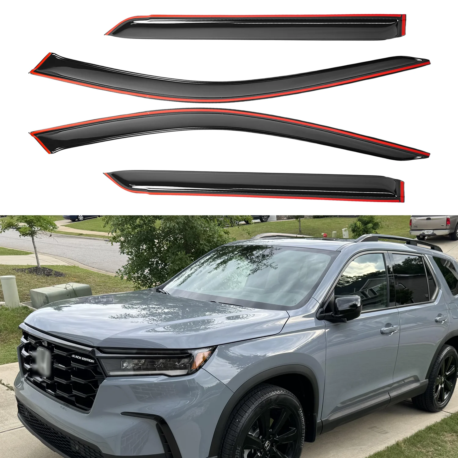 

For Honda Pilot 4-Door 2023-2025 Wind Deflectors External Tinted 4pcs Set Window Visor Sun Rain Vent Guards No Drip Edge 1.5MM thickness