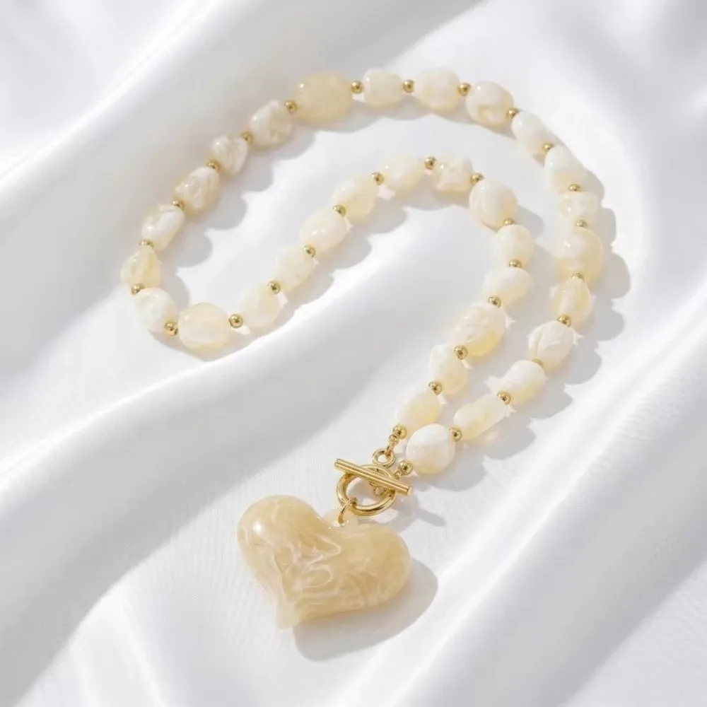 New Boho Resin Beaded Green/Red/Cream Apricot Color Toggle Clasp Chunky Heart Pendant Chic Women Jewelry Gift
