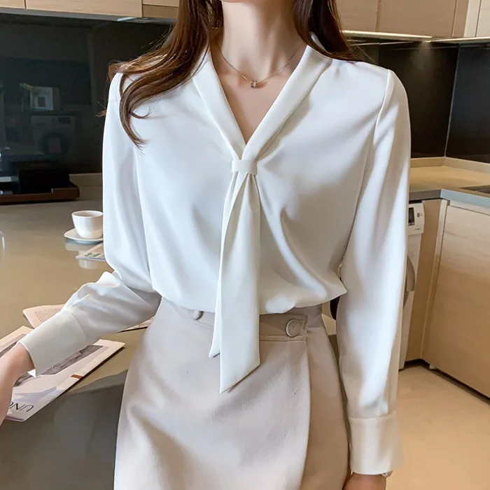 French Ribbon V-neck Chiffon Shirt for Women Early Autumn New Arrival Loose All-Matching Long Sleeve Top Business Temperament...