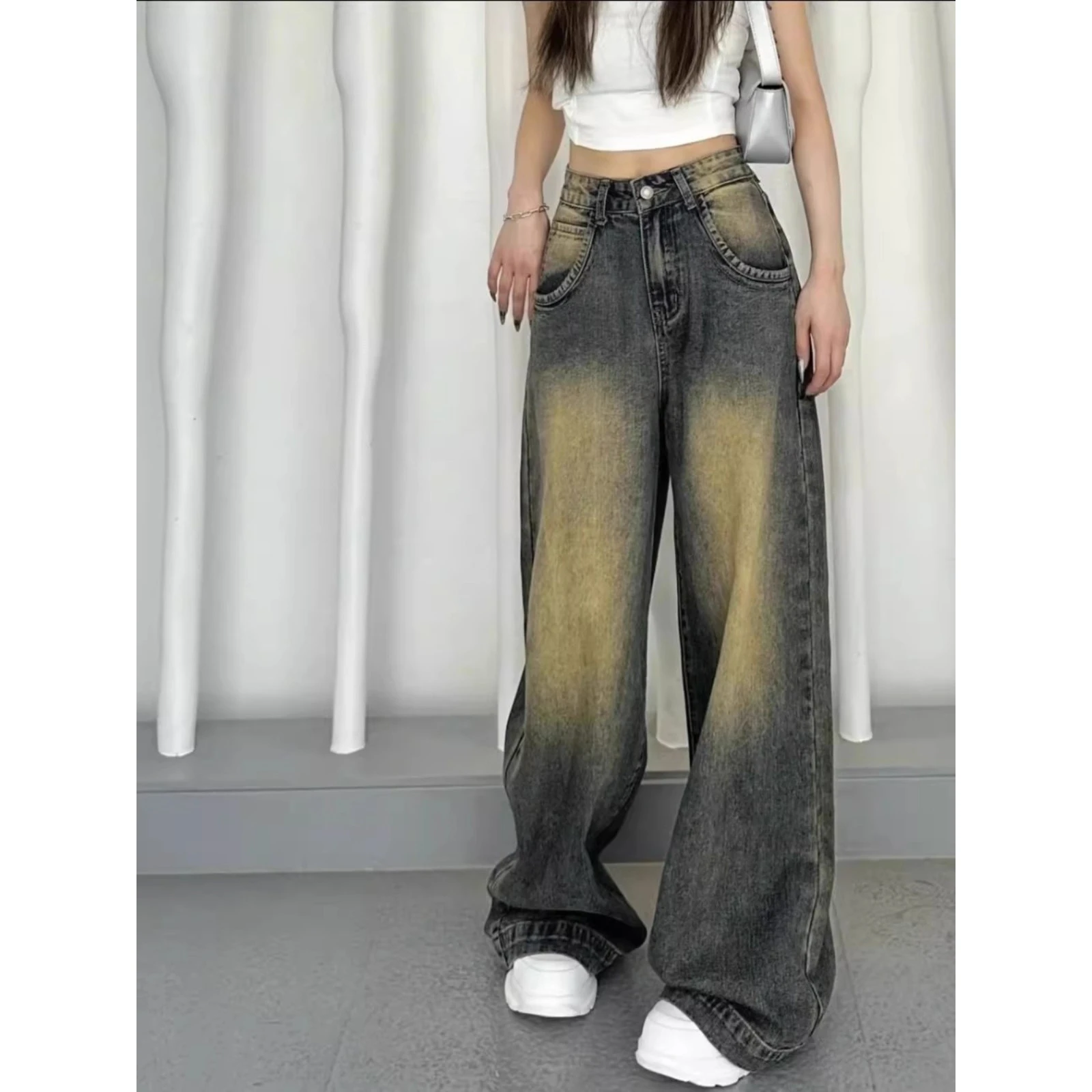 

Vintage aduated Blue Jeans Men's Loose Wide Leg Casual Long Trousers High Waist Polyester Fiber 2025 Autumn Season