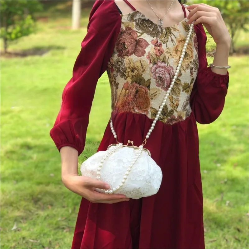 

Retro Lace Flower Women Dinner Party Handbag Luxury Design Pearl Chain Ladies Evening Clutch Purse Female Crossbody Bag Elegant