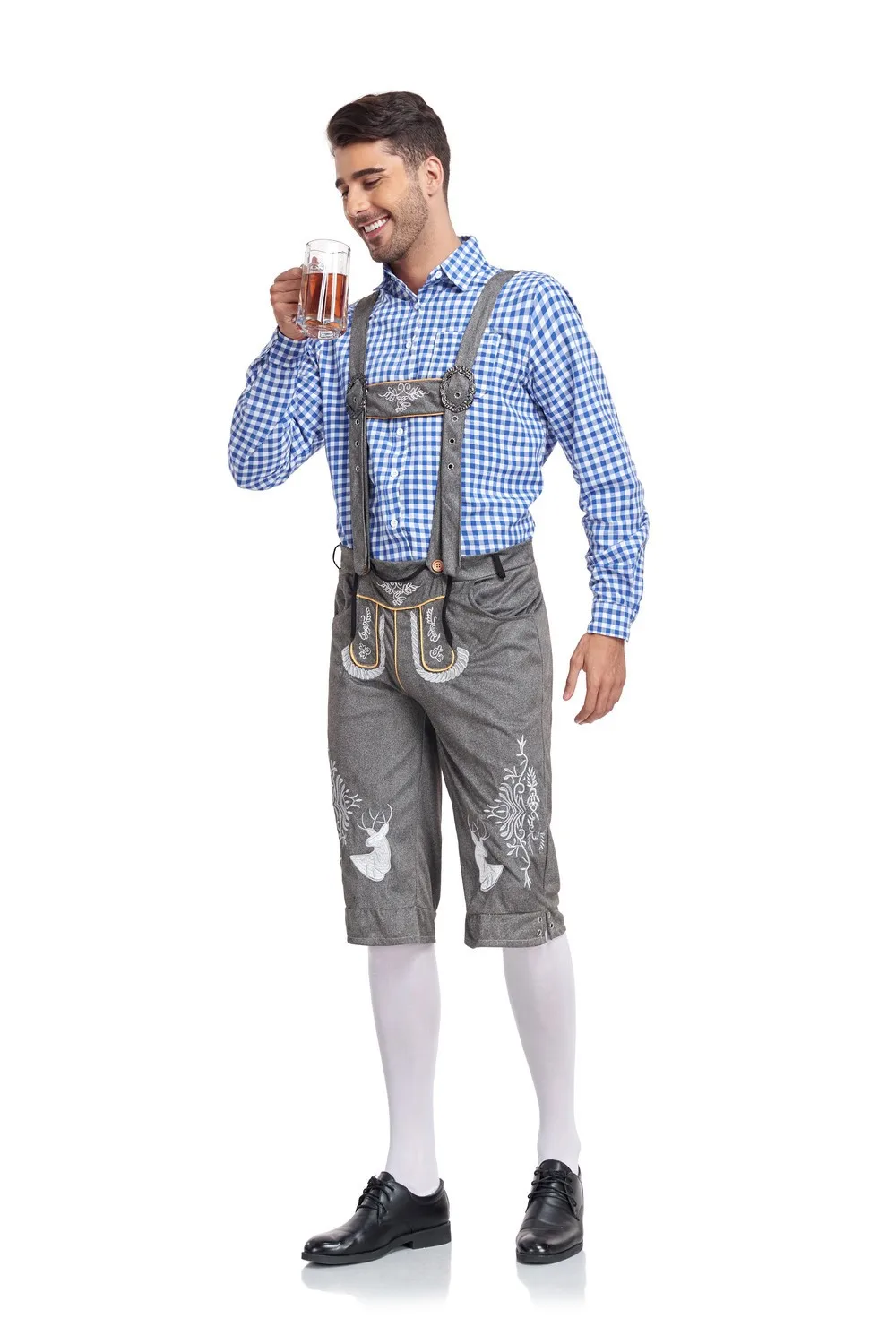 Robe de bière traditionnelle allemande Oktoberfest pour homme, chemise à carreaux, bretelles trempées