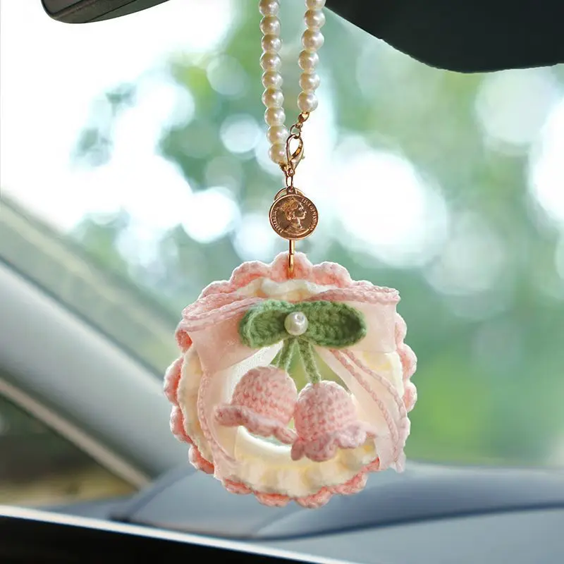 Car Pendant Hand Knitted Lily of The Valley Wool Ornament Car Rearview Mirror Hanging Chain Car Interior Decoration Accessories