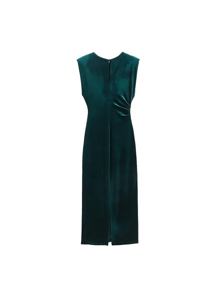 TRAF 2024 Green Velvet Long Dresses for Women Pleated Mid Dress Women Sleeveless Bodycon Dress Elegant Female Party Dress