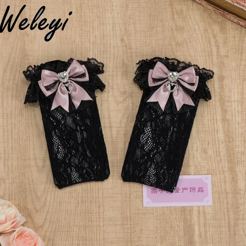 Lolita Mine Series Rhinestone Love Bow Lace Knee Socks for Women 2024 New Japanese Handmade Mass-produced Middle Tube Socks