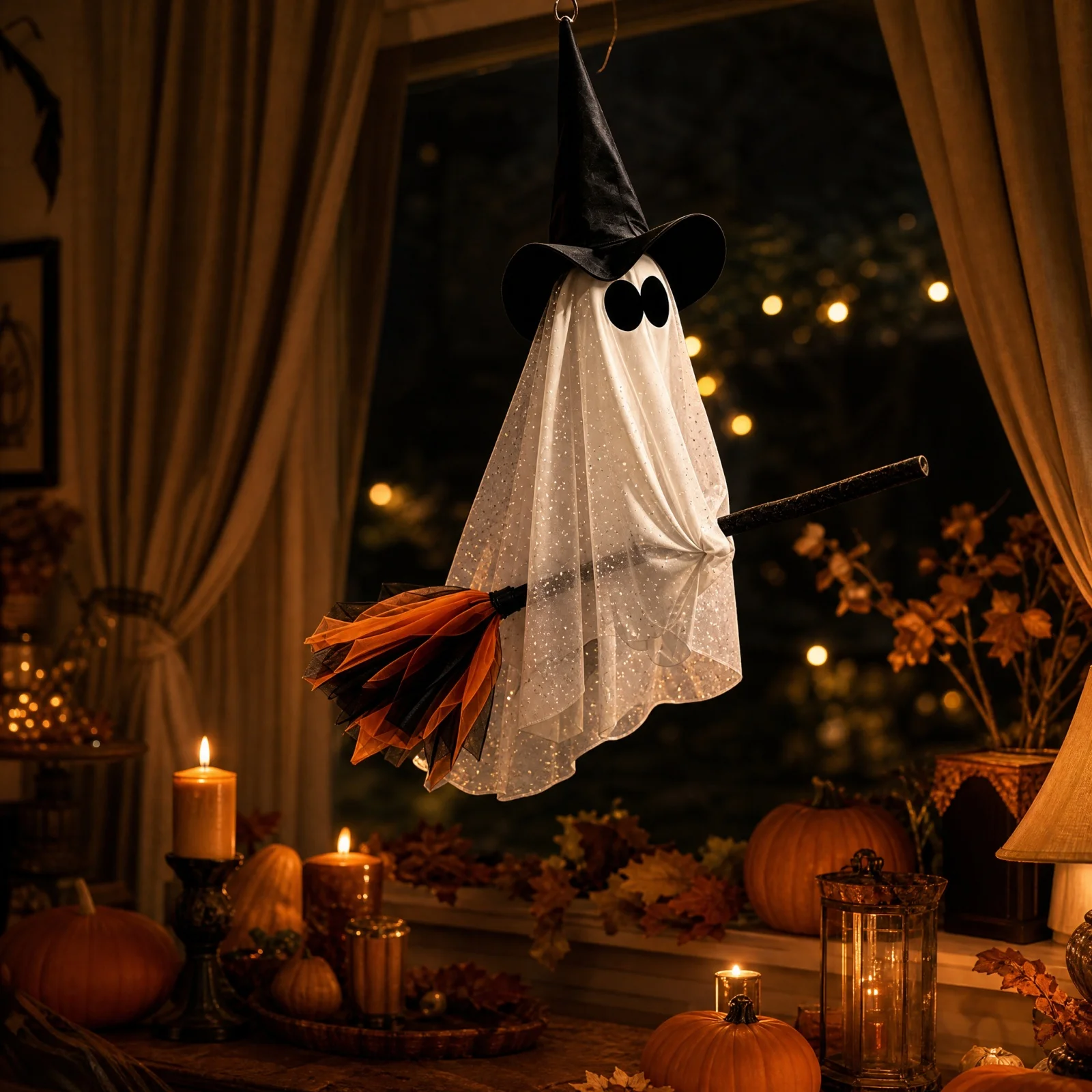 Halloween Hanging Witch Decoration with Tulle Flying Broomstick Horror Ghost Hanging Ornament for Indoor & Outdoor Decor
