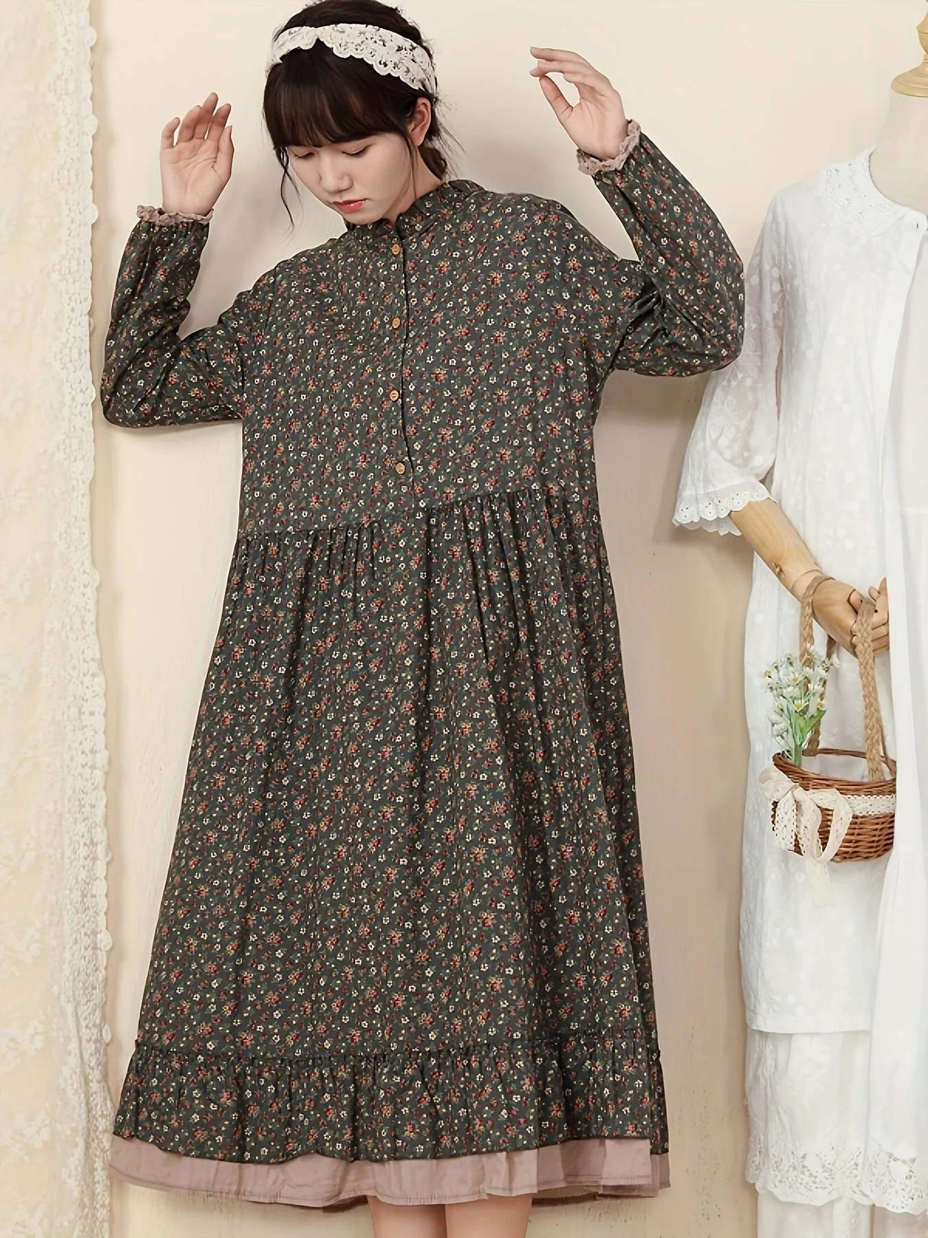 Japanse stijl zoete pastorale stijl katoen en linnen lange rok lente en herfst lange mouwen kant splitsen losse casual grote maat dikke mm bloemenjurk voor dames