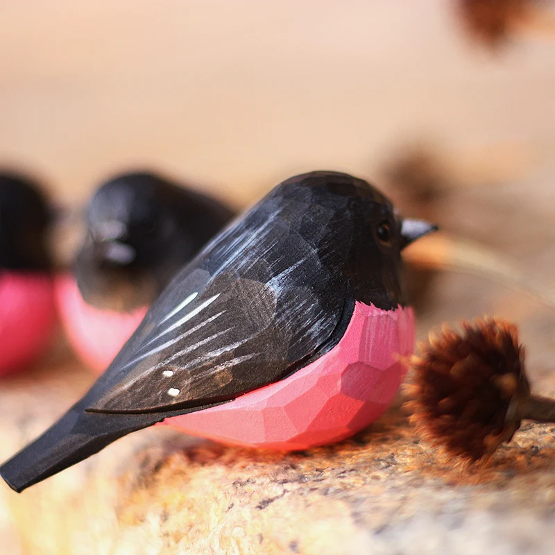 Pink Flycatcher Handmade Decoration Wood Carving Black Bird Home Ornaments Crafts