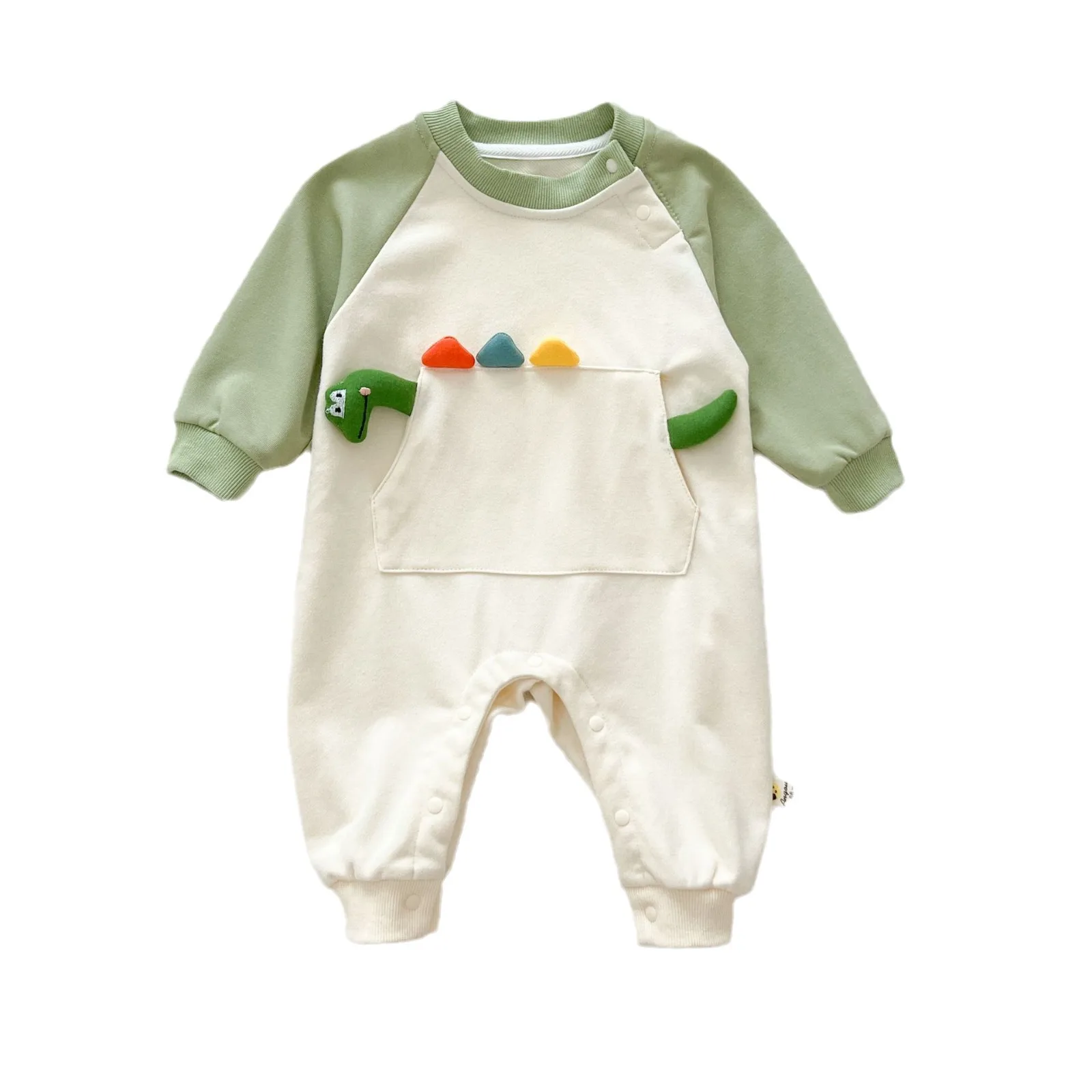 Autumn Ins Baby Boys Jumpsuit Cotton Patchwork Sleeve Cartoon Dinosaurs Pocket Infant Boys Bodysuit Toddler Boys Rompers