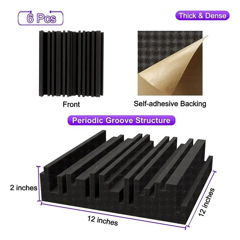 B69C 6 Paneles de Espuma Acústica Autoadhesivos, Espuma Absorbente de Sonido de 12 x 12 x 2 Pulgadas, Espuma Insonorizante para Estudio de Grabación, Color Negro