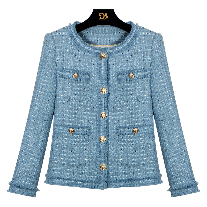 

Elegant round Neck Sequin Tweed Braided Jacket Light Luxury Single Bretted High-End Fashion for Celebrity Heavy Industry