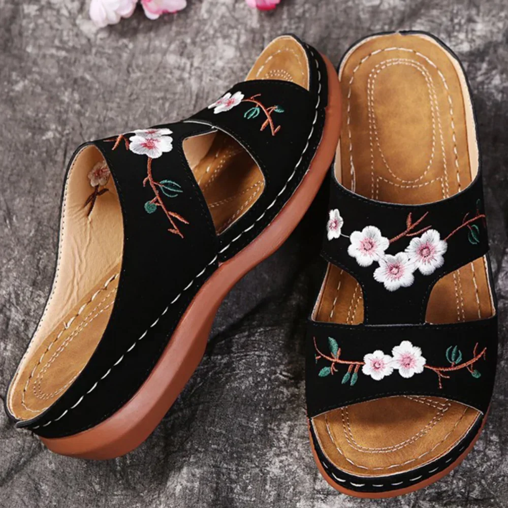 Summer Hollow Embroidery Slope Heel Women\'s Slippers Casual Comfortable Flats Women\'s Orthopedic Wedge Sandals